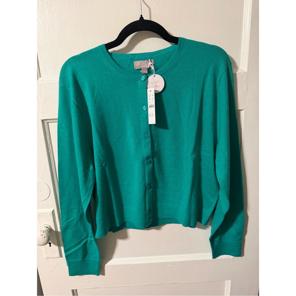 J. Crew Bright Kelly Green Button-Front Featherweight Cashmere Cardigan Large